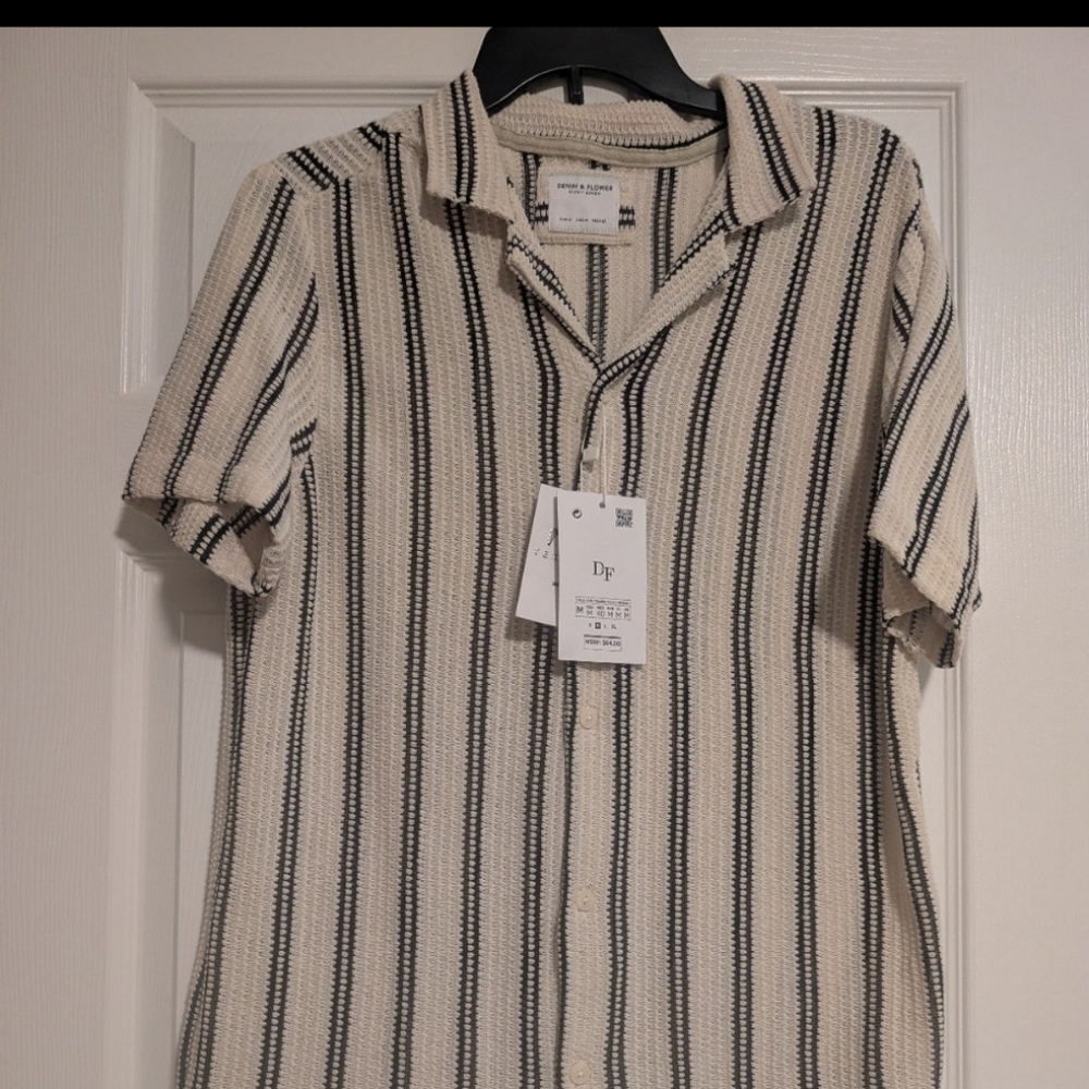 Denim & Flower by Ricky Singh Striped Open Stitch Camp Shirt